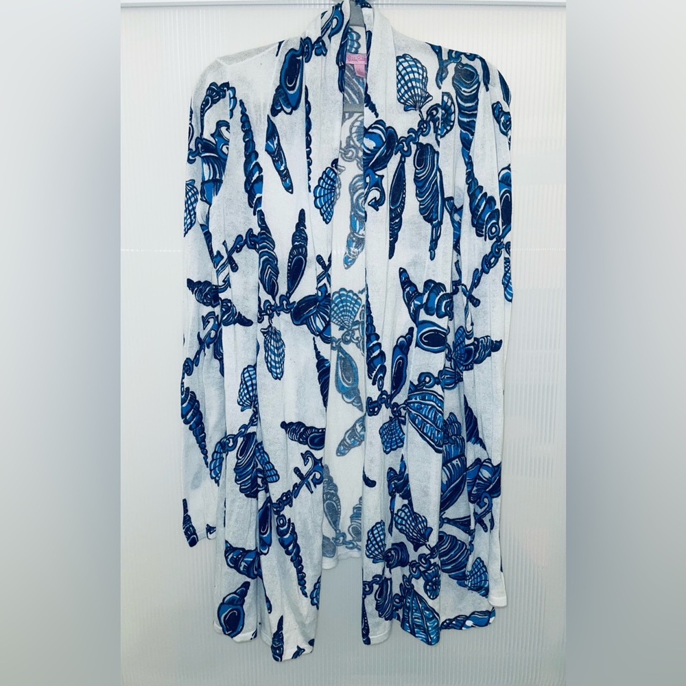 Lilly Pulitzer Sea Shells Open Front Cardigan Long Sleeve Sweater | Size Large